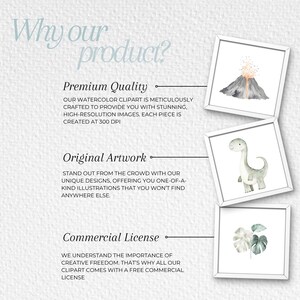 K&ouml;nnte beinhalten: Ein Set mit drei digitalen Aquarell-Clipart-Bildern. Die Bilder zeigen einen Vulkan, einen Dinosaurier und ein tropisches Blatt. Der Text "Why our product?" befindet sich oben im Bild. Der Text "Premium Quality", "Original Artwork" und "Commercial License" befindet sich unter den Bildern. Jeder Textbereich enth&auml;lt eine Beschreibung des Produkts.