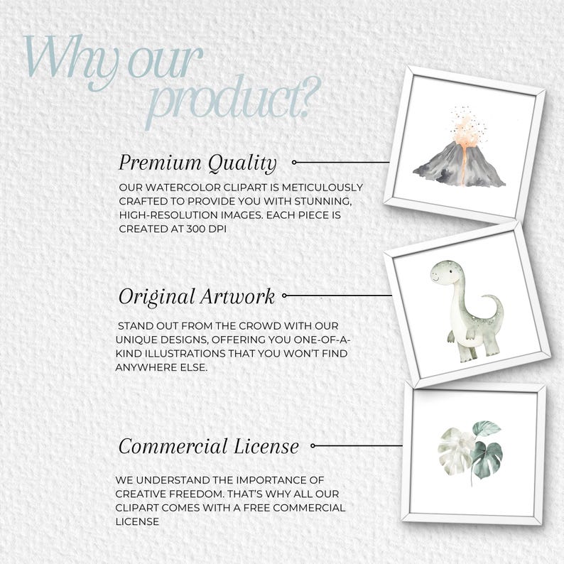 K&ouml;nnte beinhalten: Ein Set mit drei digitalen Aquarell-Clipart-Bildern. Die Bilder zeigen einen Vulkan, einen Dinosaurier und ein tropisches Blatt. Der Text "Why our product?" befindet sich oben im Bild. Der Text "Premium Quality", "Original Artwork" und "Commercial License" befindet sich unter den Bildern. Jeder Textbereich enth&auml;lt eine Beschreibung des Produkts.