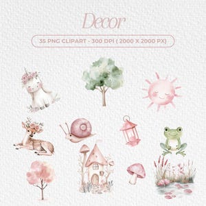 May include: A set of 35 watercolor illustrations featuring whimsical woodland creatures, a mushroom house, a snail, a lantern, a sun, a frog, and a tree. The illustrations are perfect for adding a touch of magic to your designs.