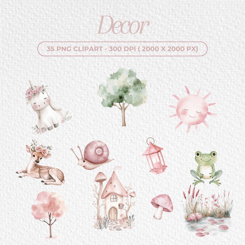 May include: A set of 35 watercolor illustrations featuring whimsical woodland creatures, a mushroom house, a snail, a lantern, a sun, a frog, and a tree. The illustrations are perfect for adding a touch of magic to your designs.