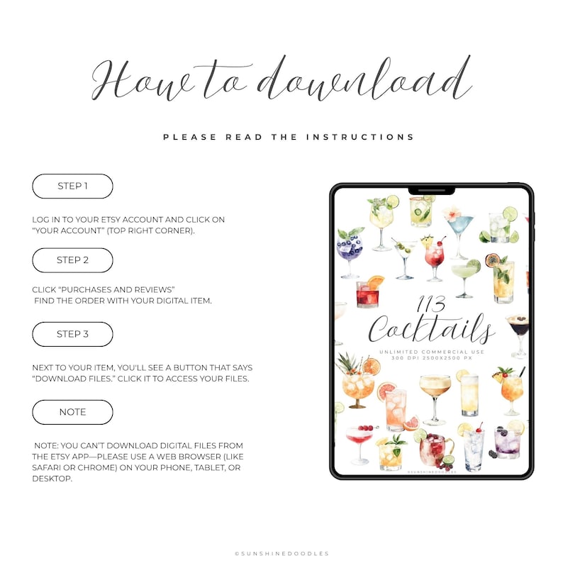 May include: A digital download guide titled "How to Download" with instructions for Etsy purchases. It includes steps for accessing files and a tablet displaying 113 watercolor cocktail illustrations. The image also includes the text "Unlimited Commercial Use."