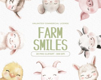 Cute Farm Animals Watercolor,  Cute Farm Nursery Clipart, Farm Animals Clipart, Farm Animals, Cute Farm PNG, Cow Clipart, Pig PNG, Sheep PNG