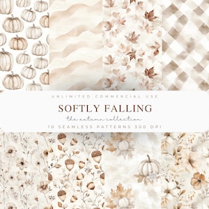 Peut inclure: Collection de dix motifs d'automne sans couture aux tons neutres. Les motifs incluent des citrouilles, des feuilles, des glands et des compositions florales. Le texte "SOFTLY FALLING the autumn collection" est affiché.