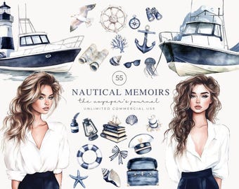 Watercolor Nautical Clipart, Sailor Clipart, Digital Stickers, Summer Clipart, Coastal PNG, Nautical PNG, Marine Clipart Watercolor, Sea PNG
