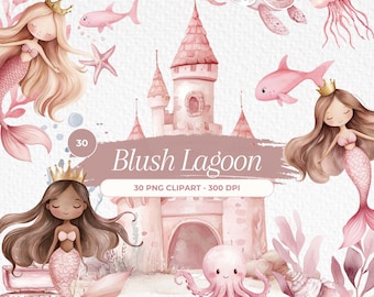 Cute Mermaid Watercolor Clipart, Nursery Mermaid Clipart Kids, Under the Sea Clipart, Pink Mermaid Ilustration, Mermaid Nursery Clipart