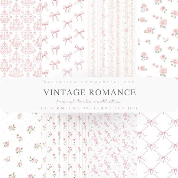 Coquette Aesthetic Seamless Patterns, Pink Toile Digital Paper, Bows Watercolor Backgrounds, Vintage Floral Infinite Pattern, Preppy Pattern