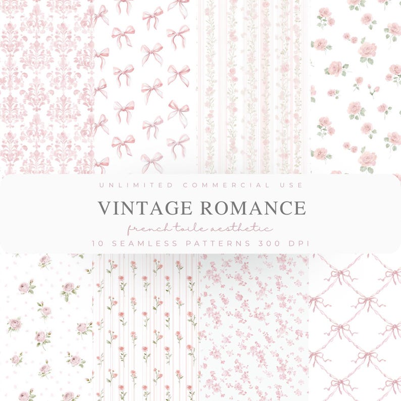 May include: A collection of ten seamless patterns in soft pink and white, featuring floral, bow, and damask designs. The text "VINTAGE ROMANCE" and "french toile aesthetic" are displayed on a white banner.