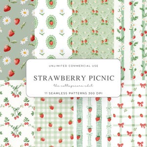 Op de afbeelding: Een digitale collectie van elf naadloze patronen met aardbeien, madeliefjes, groen vichy-ruitjes en rode strikken. De tekst op de overlay luidt: UNLIMITED COMMERCIAL USE STRAWBERRY PICNIC the cottagecore edit 11 SEAMLESS PATTERNS 300 DPI.