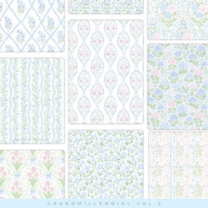 May include: A collection of nine patterned designs in soft pastel colors. The patterns include floral, trellis, and stylized botanical motifs in shades of blue, pink, and green on a white background. The text "GRANDMILLENNIAL VOL 2" is at the bottom.