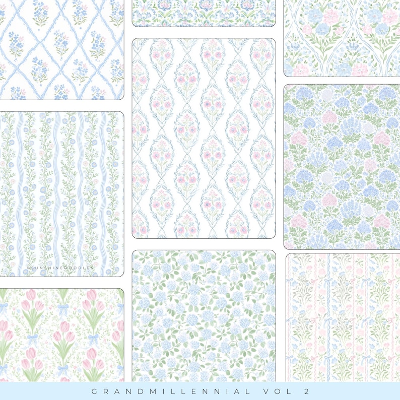 May include: A collection of nine patterned designs in soft pastel colors. The patterns include floral, trellis, and stylized botanical motifs in shades of blue, pink, and green on a white background. The text "GRANDMILLENNIAL VOL 2" is at the bottom.