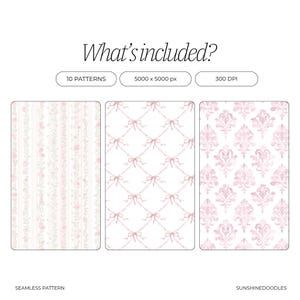May include: Digital seamless patterns in a soft, pastel color palette. The image includes three pattern examples: floral stripes, bow and ribbon lattice, and a damask design. The text "What's included?" and "10 patterns" are also visible.