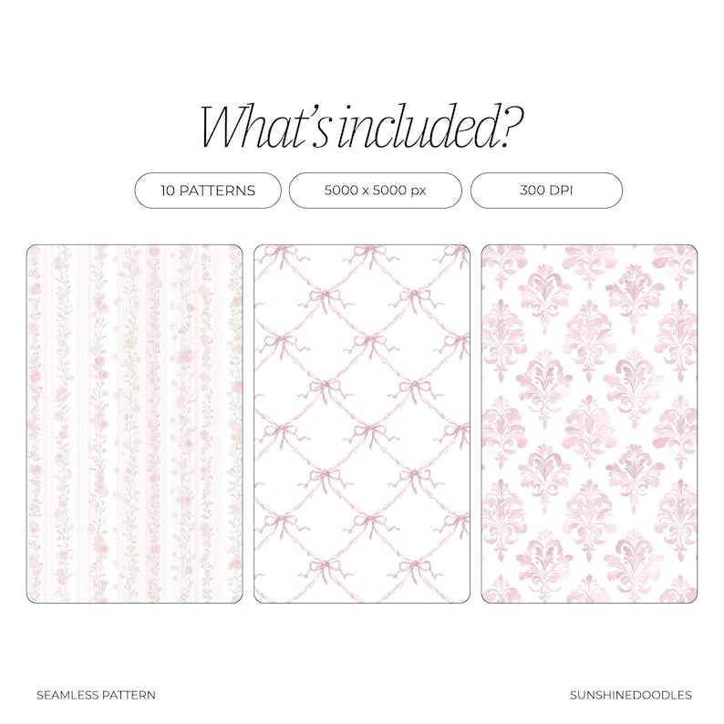 May include: Digital seamless patterns in a soft, pastel color palette. The image includes three pattern examples: floral stripes, bow and ribbon lattice, and a damask design. The text "What's included?" and "10 patterns" are also visible.