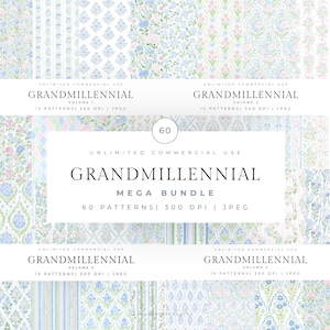 May include: A digital art bundle featuring floral and geometric patterns in pastel colors. The image includes the text "GRANDMILLENNIAL MEGA BUNDLE" with details about the number of patterns and resolution.