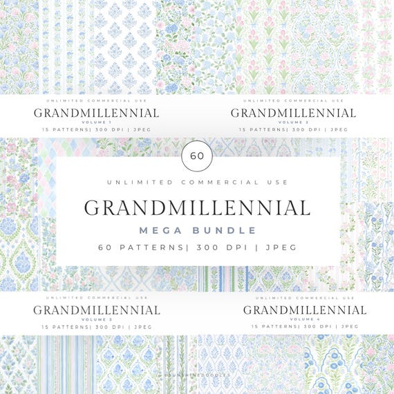 Grandmillennial seamless patterns, vintage preppy patterns, watercolor floral patterns, vintage floral patterns, scrapbook paper, floral jpg