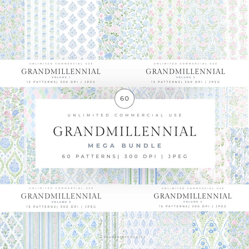 May include: A digital art bundle featuring floral and geometric patterns in pastel colors. The image includes the text "GRANDMILLENNIAL MEGA BUNDLE" with details about the number of patterns and resolution.