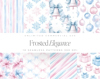 Frosted Elegance Seamless Patterns, Christmas Digital Paper, Grandmillennial Christmas Pattern, Christmas Blue Pattern JPG,  Winter Patterns