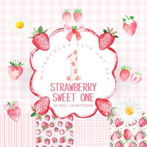 Aquarell Erdbeere Clipart, Kinder Geburtstag Clipart, Beere ersten Geburtstag Clipart, Erdbeer-Baby-Dusche, kommerzielle Nutzung, nahtloses Muster