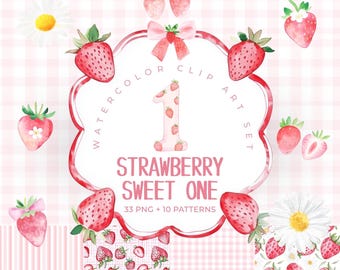 Aquarelle fraise des cliparts, des cliparts anniversaire enfants, baies premier anniversaire des cliparts, baby shower aux fraises, usage commercial, modèle sans couture