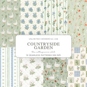 Puede incluir: Diez patrones sin costuras con temática campestre, con gansos, diseños florales y cuadros en tonos pastel. El texto "COUNTRYSIDE GARDEN" se muestra sobre un fondo blanco. Los patrones son de 300 DPI.
