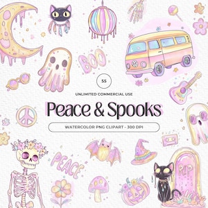 55 Groovy Halloween Clipart, Retro Halloween Watercolor Clipart, Hippie Halloween PNG, Ghost, Bat, Flower, Black Cat PNG, Hippie Clipart