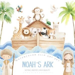Noah&#39;s Ark Clipart Set, Cute Animal PNG, Christian Nursery Clipart, Baby Shower Graphics, Bible Story Illustrations, Bible Clipart, Baby PNG
