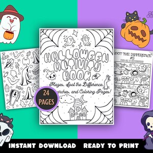 May include: A black and white printable Halloween activity book with 24 pages. The cover features a spiderweb, a ghost, a bat, and a haunted house. The book includes mazes, spot the difference, word searches, and coloring pages.
