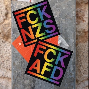Könnte beinhalten: Zwei schwarze Aufkleber mit Regenbogenfarben-Text und -Rändern. Der obere Aufkleber lautet "FCK NZS" und der untere "FCK AFD". Die Aufkleber befinden sich auf einer verwitterten, grauen Metalloberfläche.