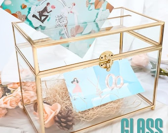 Handmade Glass Card Box with Slot and Heart Lock Wedding Reception post Box card holder wedding keepsake box Gift for Girlfriend