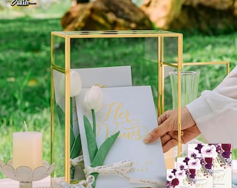 Vintage Geometric Brass Wedding Card Box Terrarium with Slot Heart Lock Card and Gift Holder Box for Wedding Reception Postbox