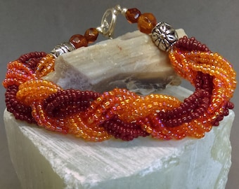 Dark orange braided seed bead bracelet with crystals, Fall season jewelry