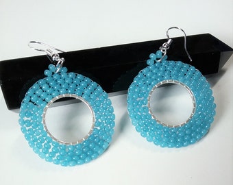 Turquoise blue seed beaded mandala earrings boho ethnic style silver hoop beaded bold statement jewelry gift for women and girls