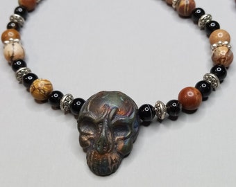 Picture Jasper and Black Onyx beaded necklace with raku fired ceramic skull focal and silver accents