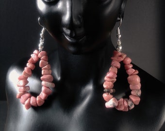 Natural Rhodonite chip boho style hoop earrings teardrop shaped semiprecious stone