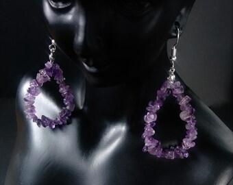 Natural amethyst chip bead teardrop boho style hoop earrings, semiprecious stone