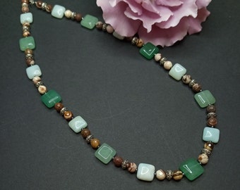 Green aventurine and zebra jasper necklace with silver accents and lobster claw clasp