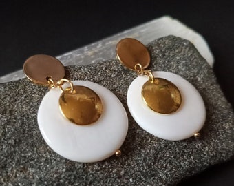 Minimalist and Modern Gold and mother of pearl coin earrings with gold plated findings