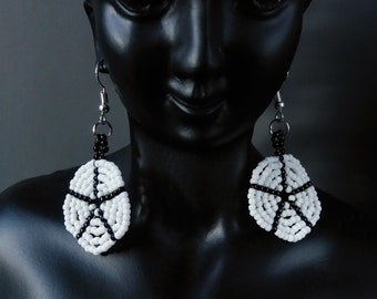 White and black geometric drop seed bead earrings ethnic, boho style mandala