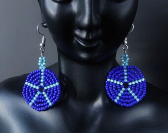 Cobalt blue and turquoise seed beaded mandala ethnic style earrings, geometric modern earrings