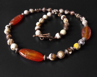 Fire agate and zebra jasper necklace with copper spacers and crystals