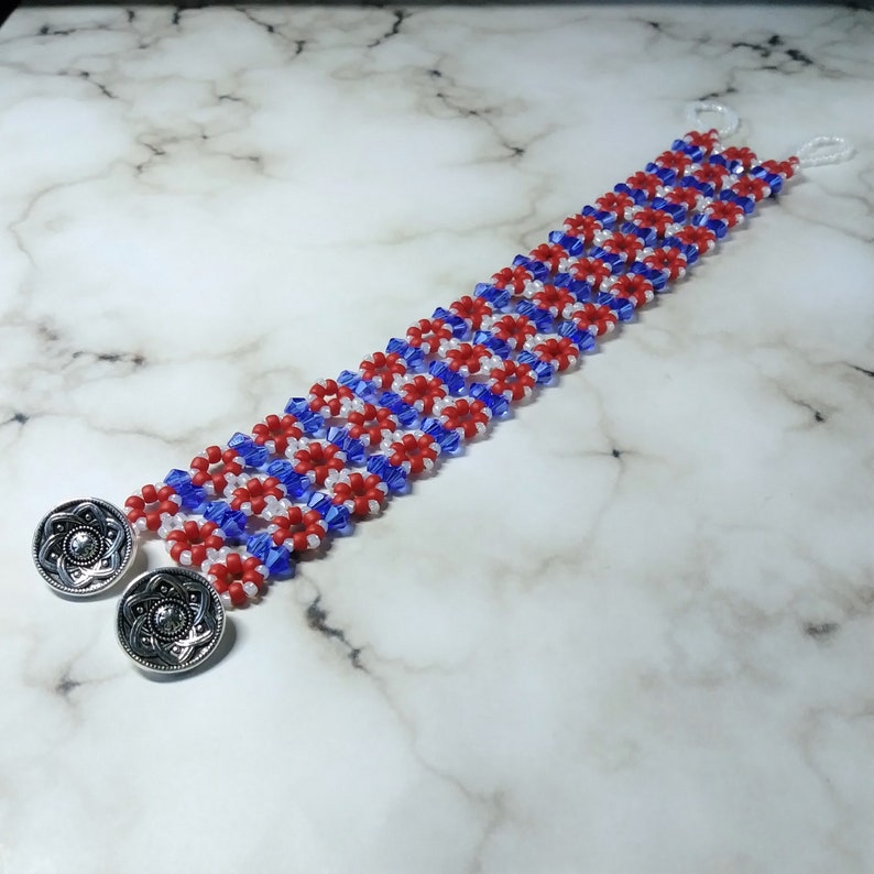 Red White and Blue crystal and seed bead bracelet with button and loop closure patriotic jewelry