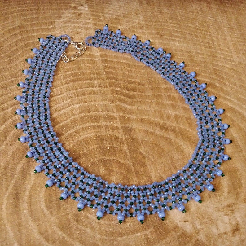 Periwinkle and Green Seed Bead Netted Choker Collar Necklace. Etsy