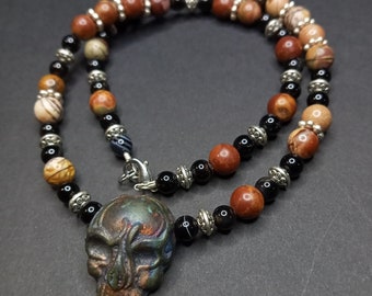 Picture Jasper and Black Onyx beaded necklace with raku fired ceramic skull focal and silver accents