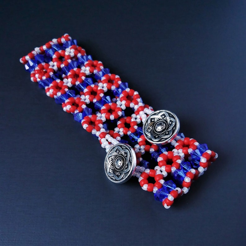 Red White and Blue crystal and seed bead bracelet with button and loop closure patriotic jewelry