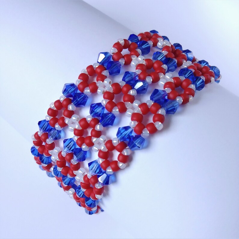 Red White and Blue crystal and seed bead bracelet with button and loop closure patriotic jewelry