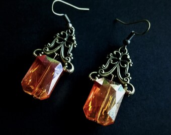 Orange emerald cut crystal and bronze Art Deco style earrings, bold statement jewelry