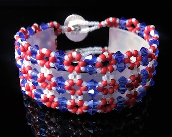 Red White and Blue crystal and seed bead bracelet with button and loop closure, patriotic jewelry