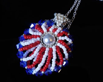 Red white blue and silver seed bead and crystal pendant with glass pearl center on a 29" long sterling silver chain