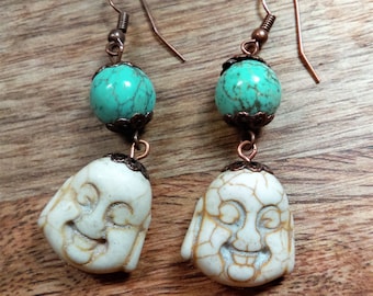 Buddha beaded earrings with natural and dyed howlite beads and copper wire findings, yoga style jewelry