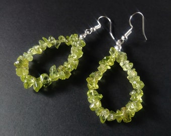 Peridot chip bead teardrop shaped hoop earrings boho style semiprecious stones