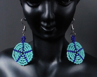 Teal and cobalt blue seed bead woven disk mandala ethnic style earrings